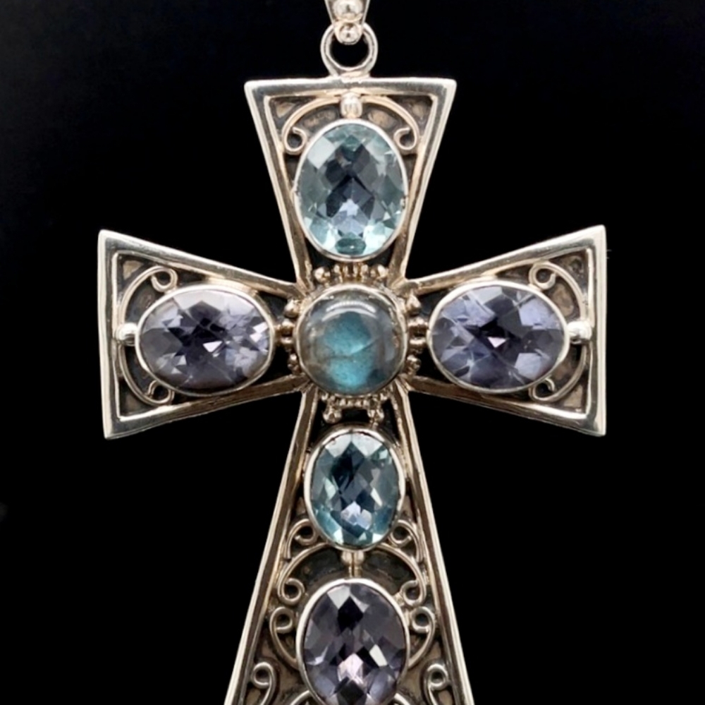 Nicky Butler 925 Sterling Silver Large Cross Pendant Labradorite Quartz Designer